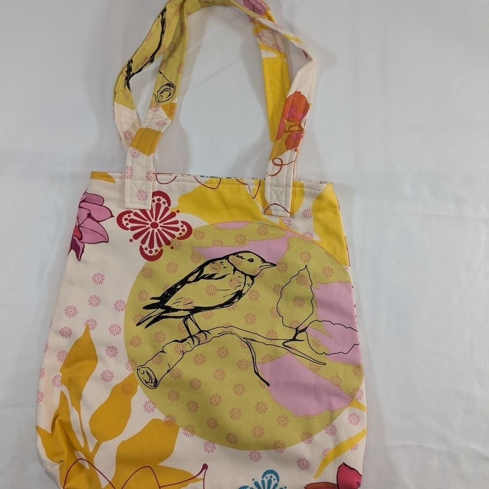 NWOT Alyse Vordermork Handbag with Colorful Bird, Floral Pattern and Red Stipes